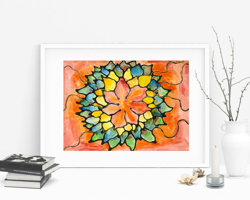 orange flower, watercolor drawing, original art. Home wall Decor, handmade gift - 壁貼/牆壁裝飾 - 紙 紫色