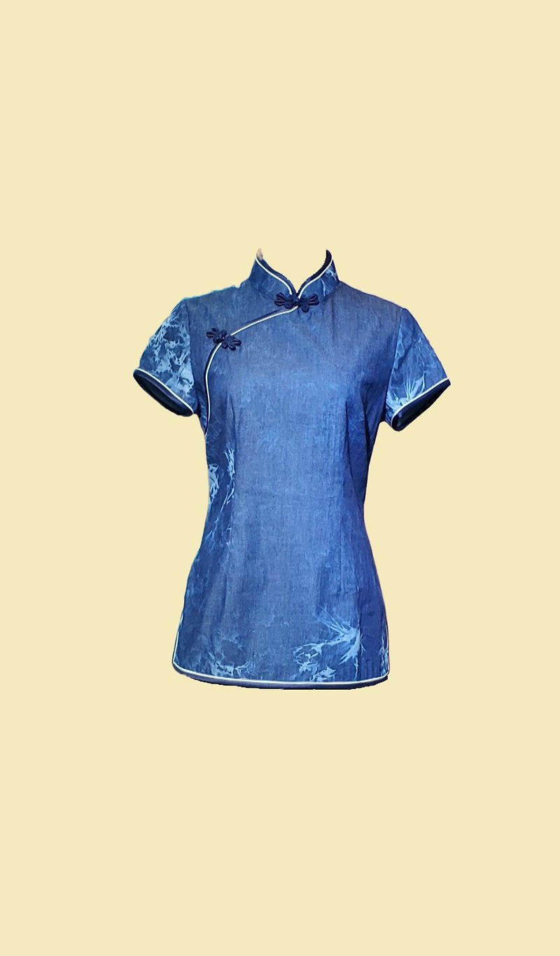 Vintage Qipao Cheongsam Retail Dress Denim Qipao Top - เสื้อผู้หญิง - ผ้าฝ้าย/ผ้าลินิน สีน้ำเงิน