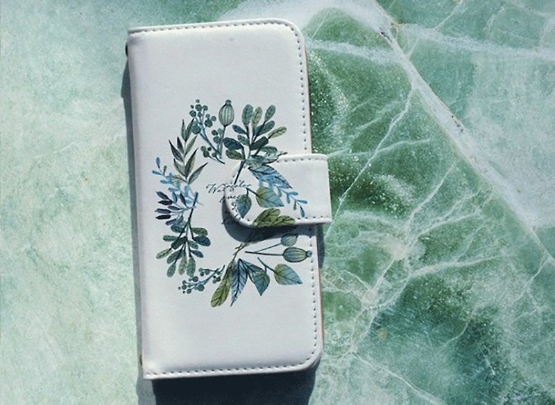 [Compatible with all models] Free shipping [Notebook type] Flowers and herbs drawn in watercolor Smartphone case iPhone8 / iPhone8 Plus / iPhoneX - Phone Cases - Genuine Leather Green