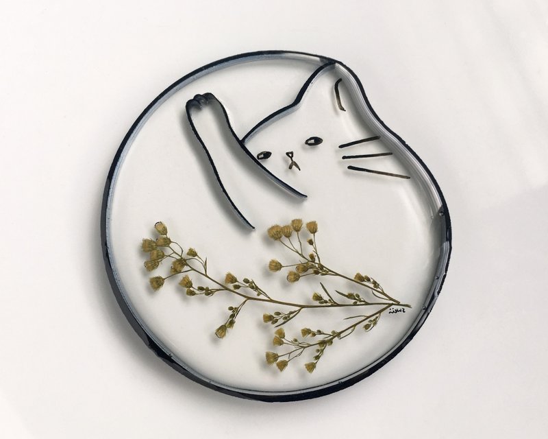 成品 貓咪 壓花 杯墊及飾物盤  二用多功能設計 - 杯墊 - 樹脂 綠色