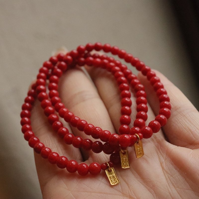 4mm natural red coral ancient Silver pendant design single circle bracelet s - Bracelets - Semi-Precious Stones Red