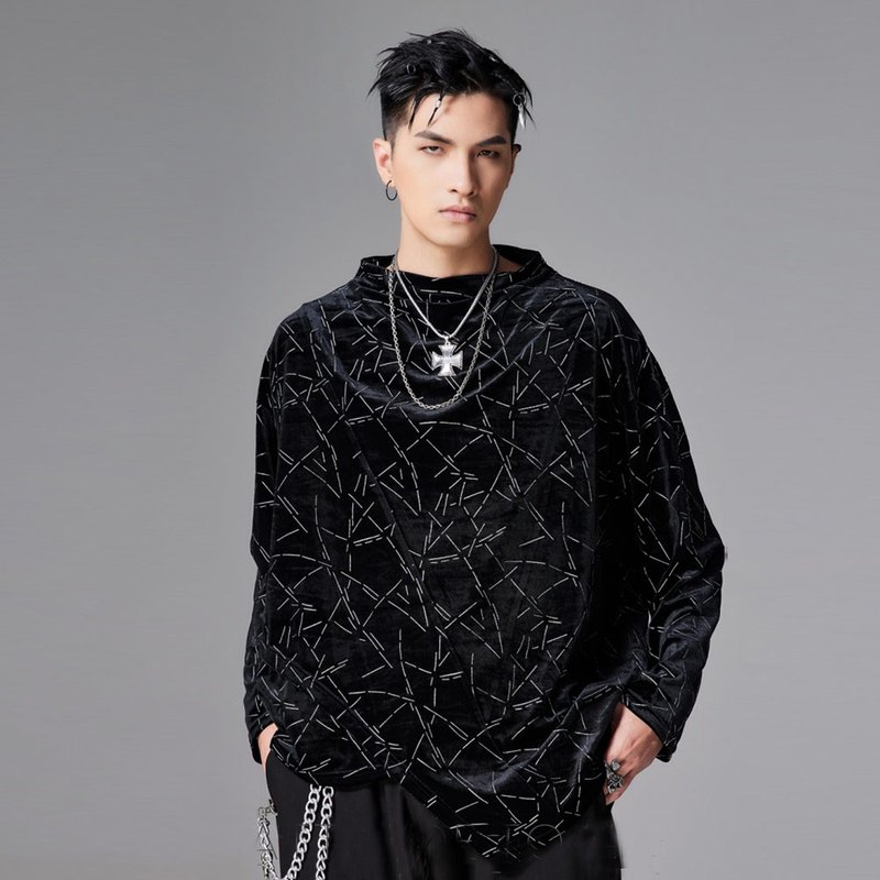 【双 11 限定】品立裁魂系列男士堆領上衣燙銀膠絲絨長袖T恤 - 男 T 恤 - 聚酯纖維 黑色