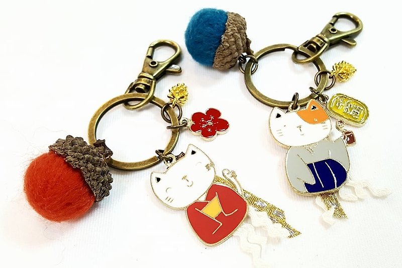 Paris*Le Bonheun. Forest of happiness. Miss Lucky Cat. Wool felt acorn key ring - Keychains - Other Metals Multicolor
