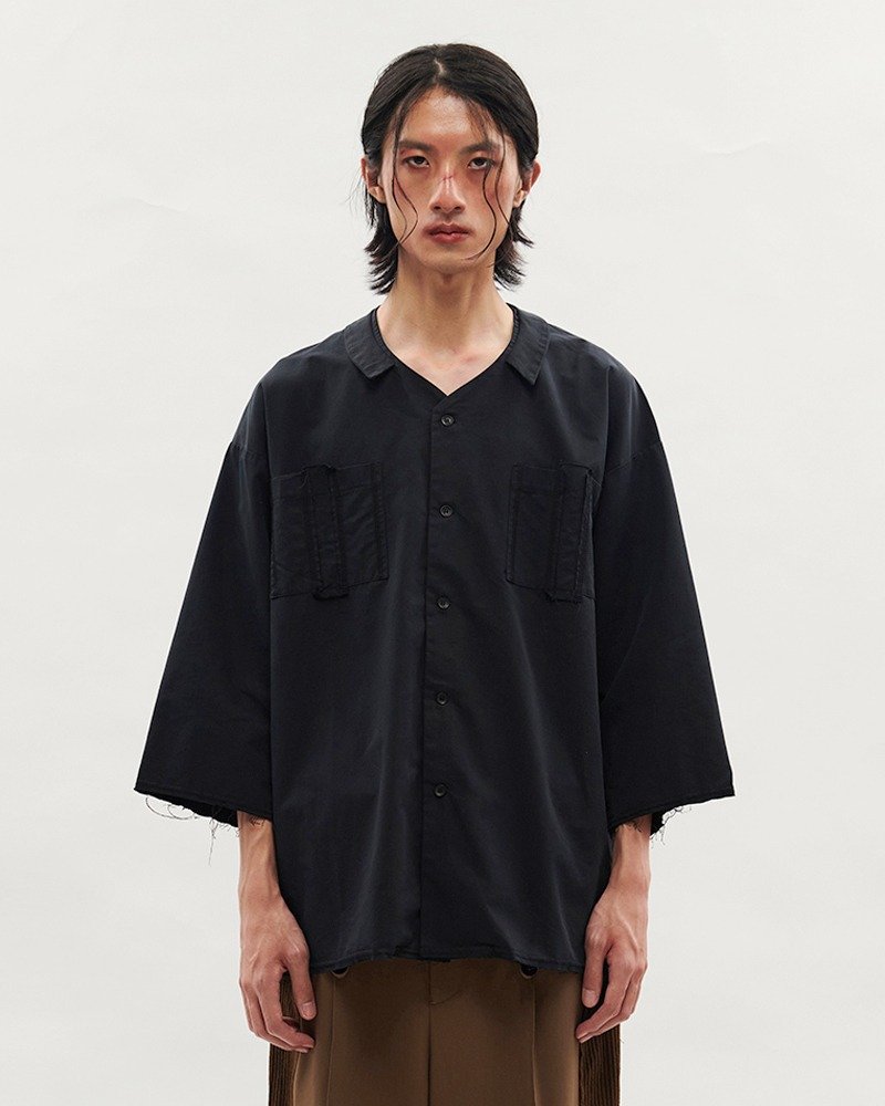 Round Collar Shirt - 男裝恤衫 - 棉．麻 黑色