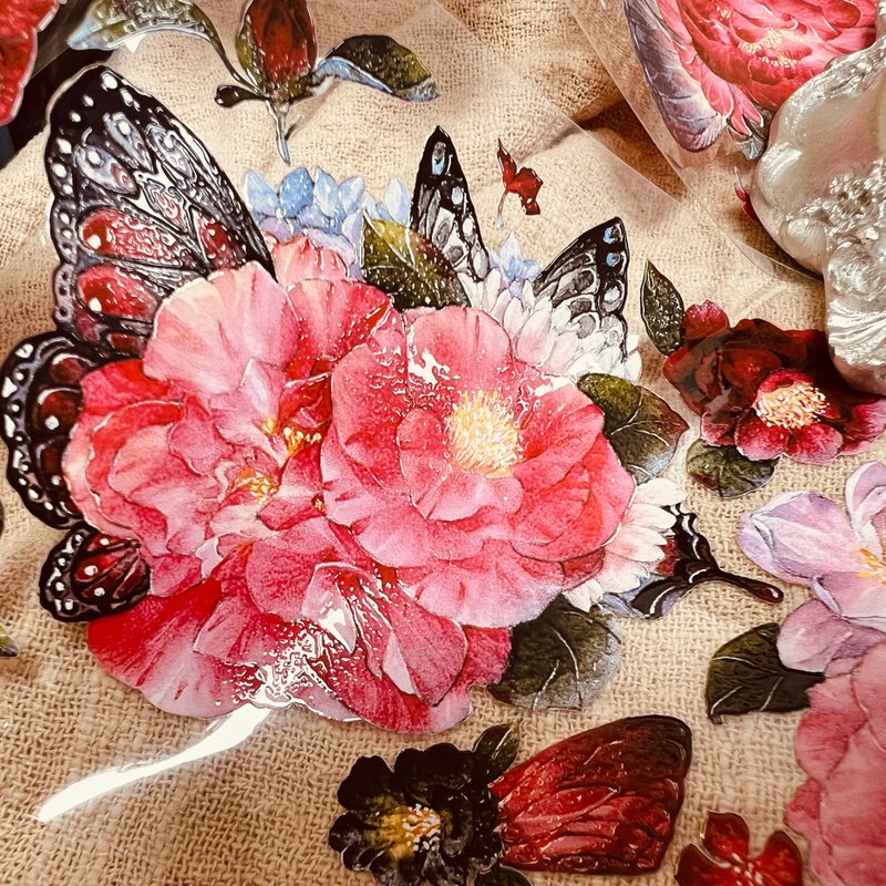 茶紅花蝴蝶Tea Red Flower Butterfly - 紙膠帶/和紙/PET - 塑膠 多色