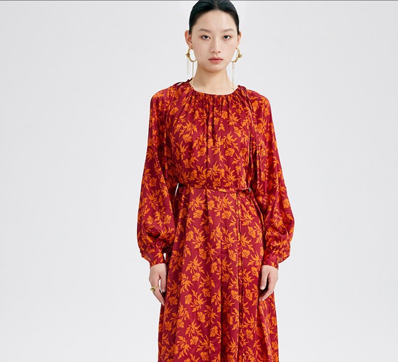 New Chinese retro Chinese style French silk printed dress/dress - One Piece Dresses - Silk Red