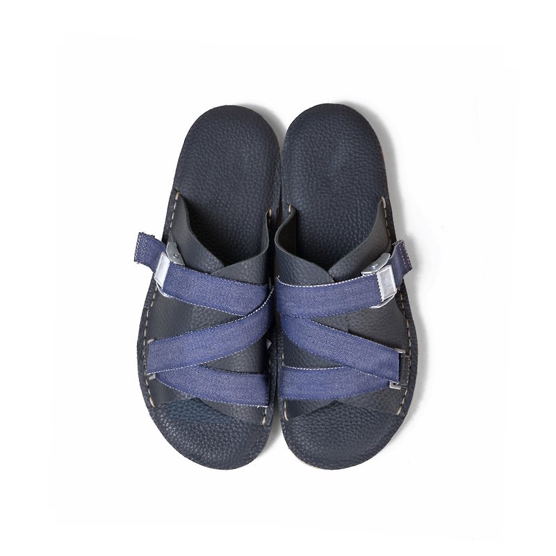oqLiq-Display in the lost-Webbing slippers (blue) - รองเท้าแตะ - หนังแท้ สีน้ำเงิน