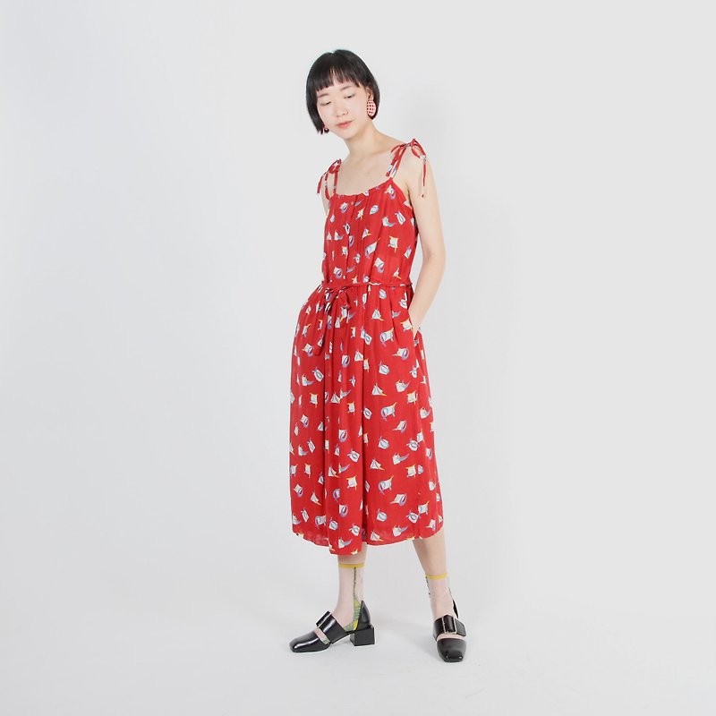 [Egg plant ancient] passionate geometric print thin shoulder straps sleeveless vintage dress - ชุดเดรส - เส้นใยสังเคราะห์ สีแดง