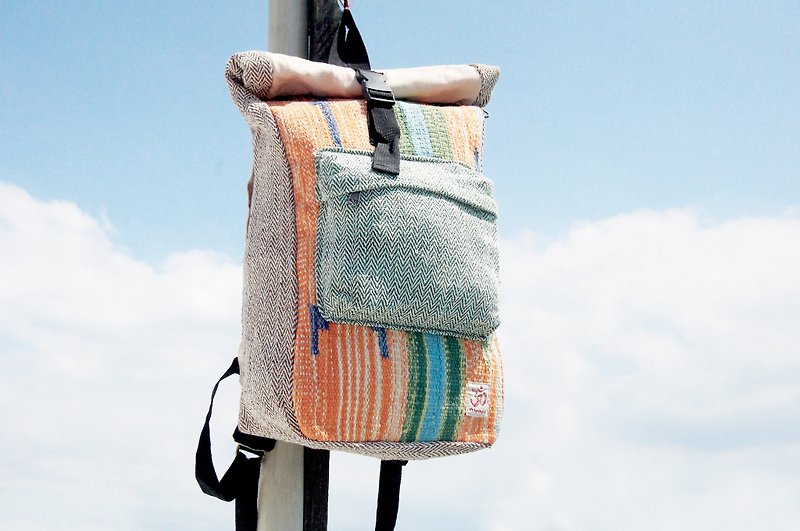 Valentine's Day gift limited handmade cotton and linen stitching design backpack / shoulder bag / national mountaineering bag / puzzle package - Boho geometric carpet national totem backpack - Backpacks - Cotton & Hemp Multicolor