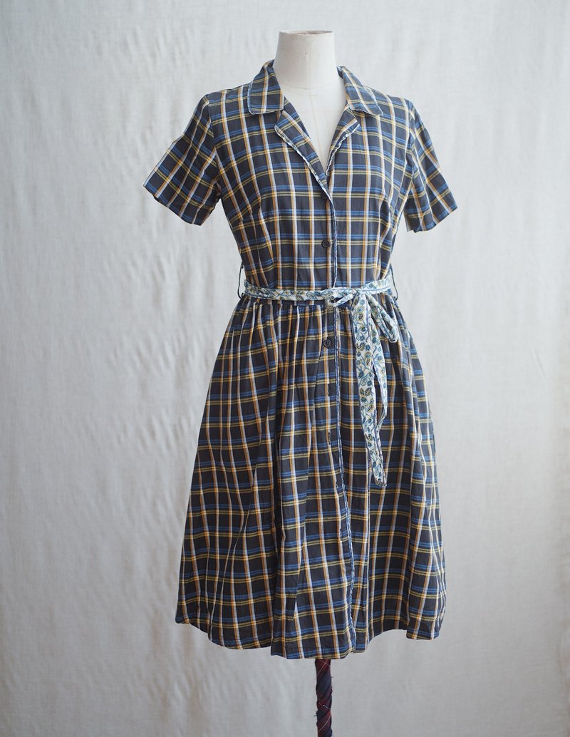 Black check belt with folded classic dress antique vintage - One Piece Dresses - Polyester Black