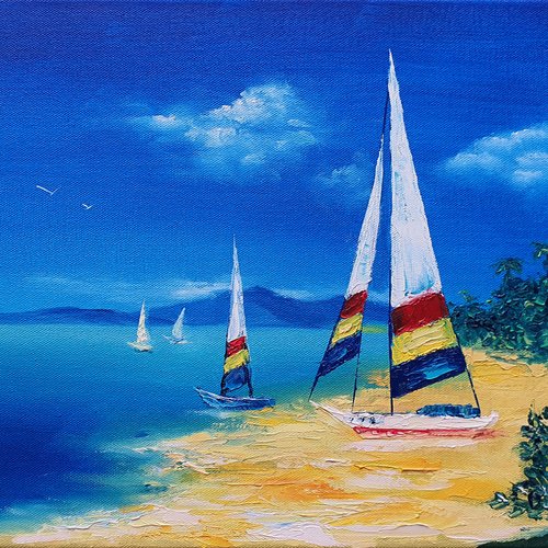 油彩　油絵　絵画　オブジェ　海辺　ヨット　雑貨 ヨットの絵海辺の絵オリジナルアート油絵海景アート海