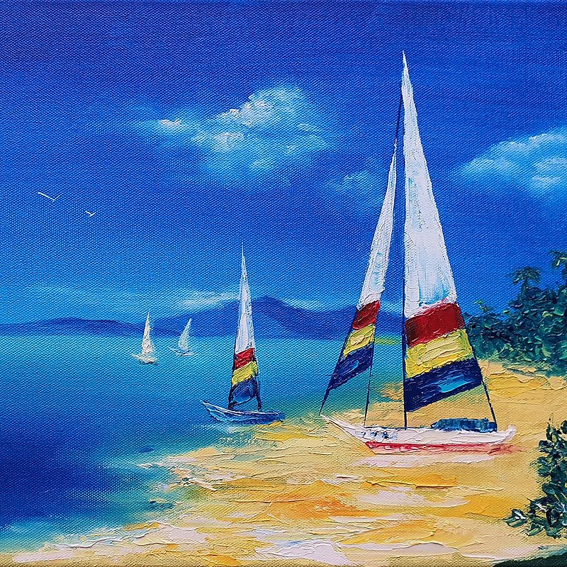 Yachts Painting Cruise Original Art Sailboats Seascape Nautical Wall Art Travel - โปสเตอร์ - วัสดุอื่นๆ หลากหลายสี