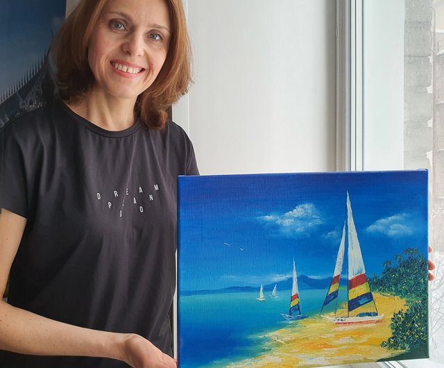 ヨット絵画クルーズオリジナルアートヨット海景航海壁アート旅行