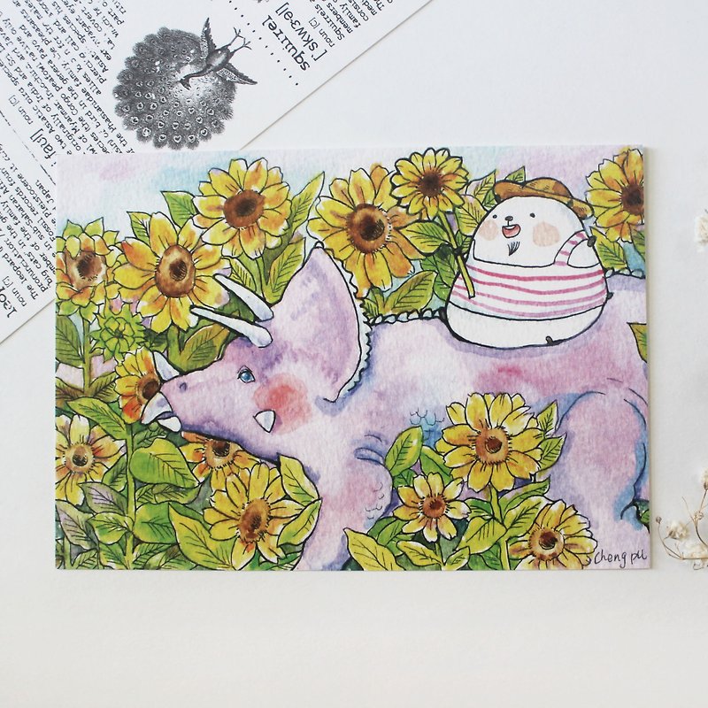 Bear's Postcard - Triceratops Sunflower Field - Cards & Postcards - Paper White