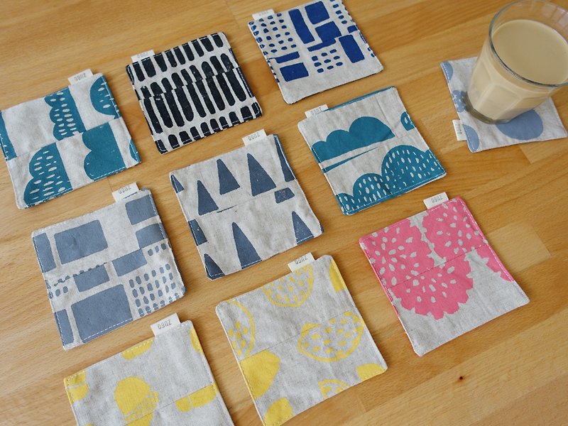 Handmade silk screen pick up coaster 3 pcs - ที่รองแก้ว - ผ้าฝ้าย/ผ้าลินิน หลากหลายสี