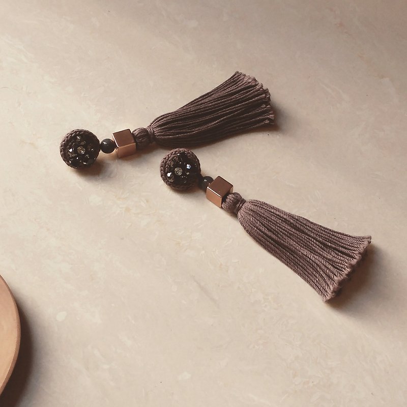 Khaki Handmade Fringed Earrings Indian Sparkling Bead Japanese Glass Bead Custom - Earrings & Clip-ons - Thread Brown