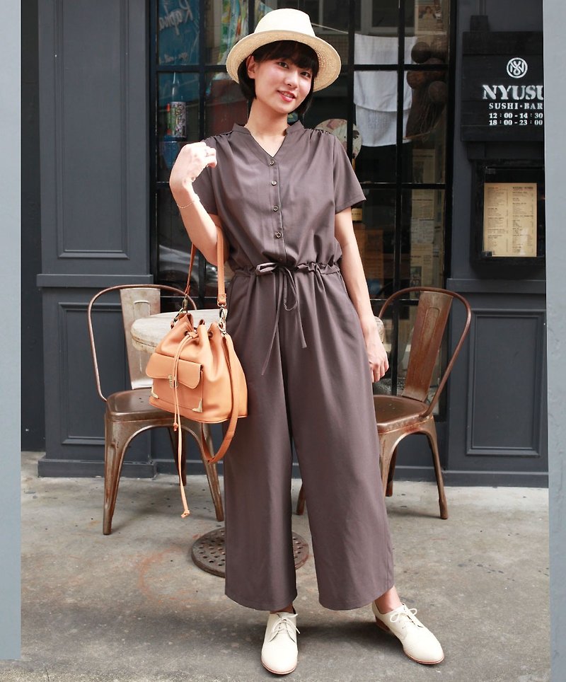 GT card of its coffee collar straight drawstring pants - Overalls & Jumpsuits - Cotton & Hemp Brown