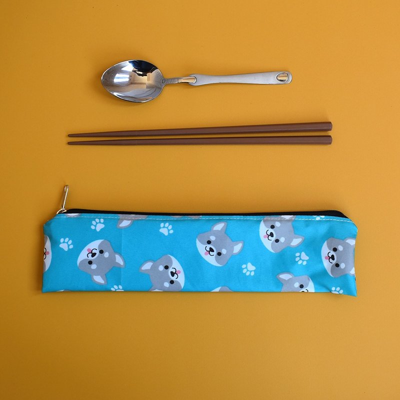 外出餐具組(筷袋+筷子+湯匙)_微笑柴犬 - 刀叉/湯匙/餐具組 - 尼龍 藍色