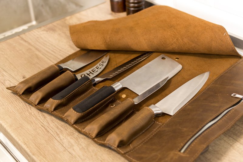 Knife Roll Bag for Chefs, Handmade Chef's Knife Storage, Durable Knife Holder - Knives & Knife Racks - Genuine Leather Brown