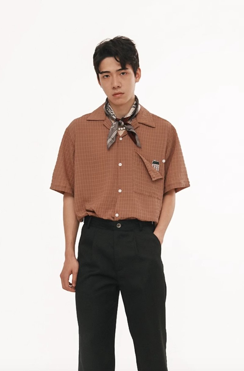 日本のレトロなポケットプリント半袖シャツ - シャツ メンズ - その他の素材 ブラウン