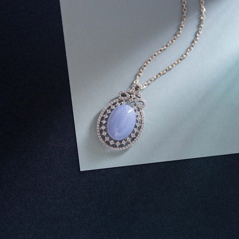 Blue Onyx May Stone Sterling Silver Necklace with Romantic Trim - สร้อยคอ - เครื่องเพชรพลอย สีน้ำเงิน