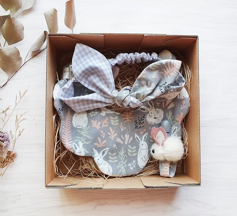 兔子森林 寶寶口水巾  彌月禮盒 週歲禮【可快速出貨】 - 滿月禮物 - 棉．麻 灰色