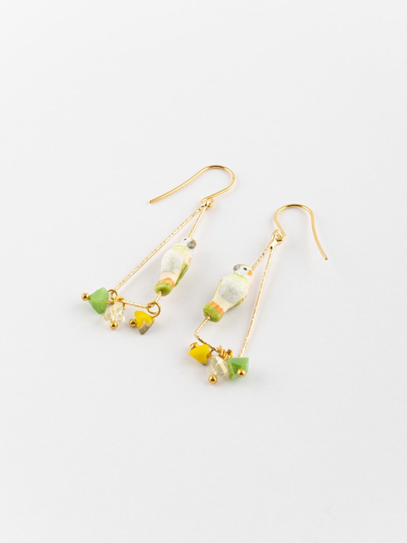 Budgerigar & beads triangle earrings - Earrings & Clip-ons - Pottery Green