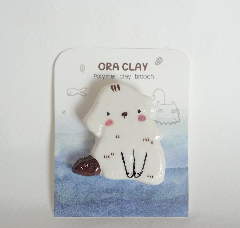 Dog polymer clay brooch - Brooches - Other Materials White