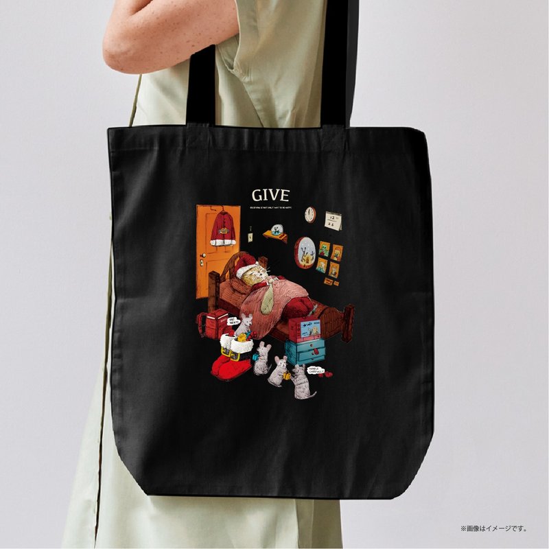 A4 Size-Compatible Tote Bag/ Santa Cat - Handbags & Totes - Cotton & Hemp Black