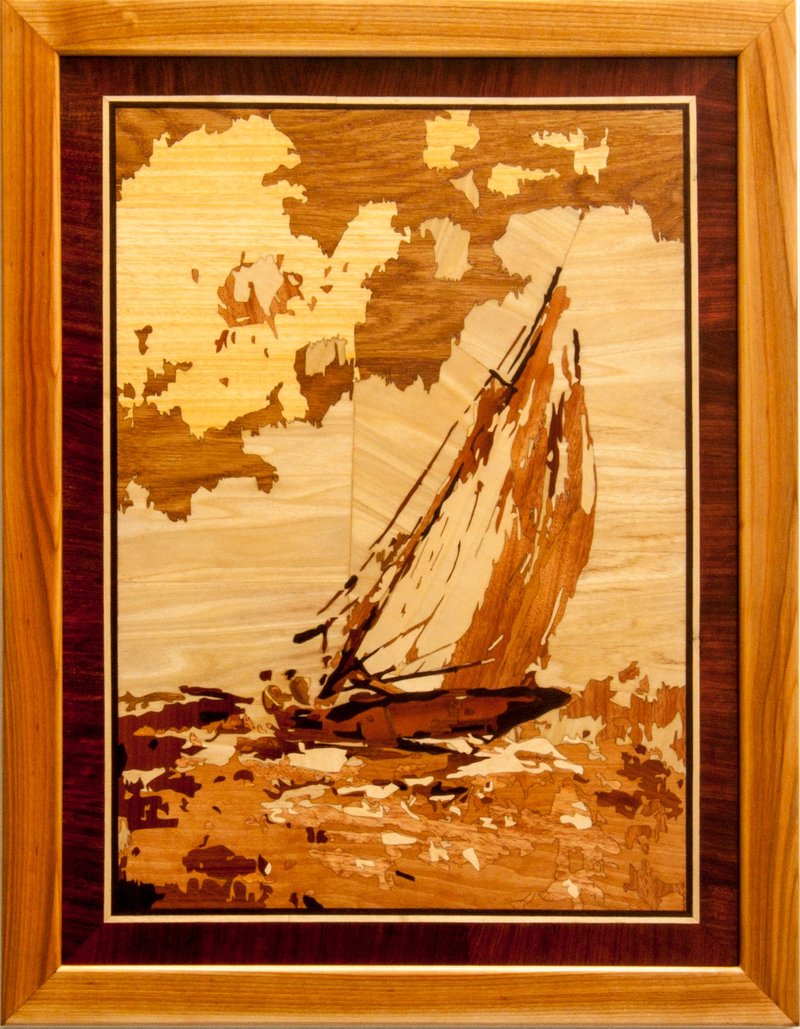 Regatta sailing races seascape marine sail home decor boho style marquetry inlay - ตกแต่งผนัง - ไม้ สีส้ม