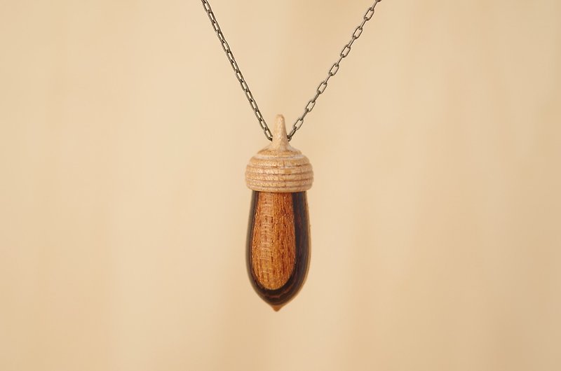Wood Carving Acorn Pendant, Wooden Mosaic, KEYAKI & Wenge, ball-chain  - Necklaces - Wood Brown