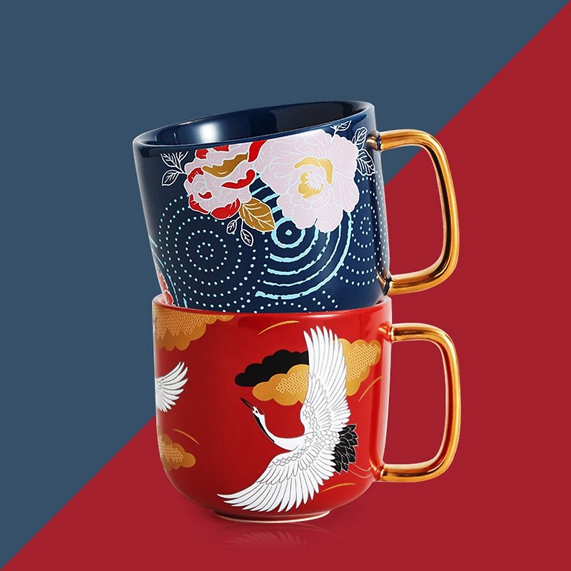 Crane painted gold mug ceramic coffee cup gift couple mug 350ml - Cups - Porcelain 