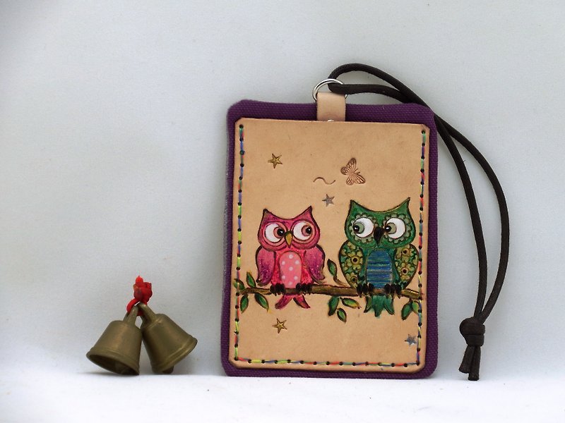Leather card holder ID holder best partner Owl - ที่ใส่บัตรคล้องคอ - หนังแท้ สีม่วง