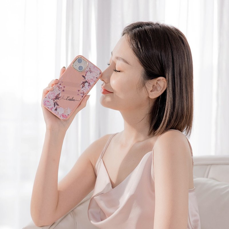 法式玫瑰 蜜荔殼 蜜荔粉天然皮革殼 - iPhone客製化手機殼 - 手機殼/手機套 - 真皮 粉紅色