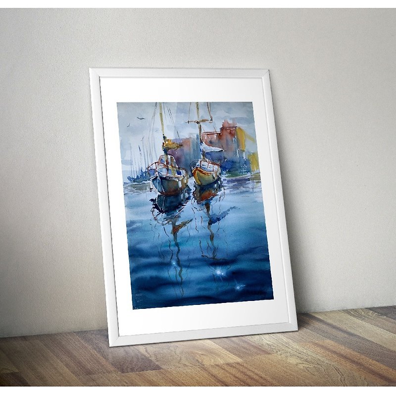 Boats in Harbour watercolor art print, printable Wall Art, Digital 9 Files