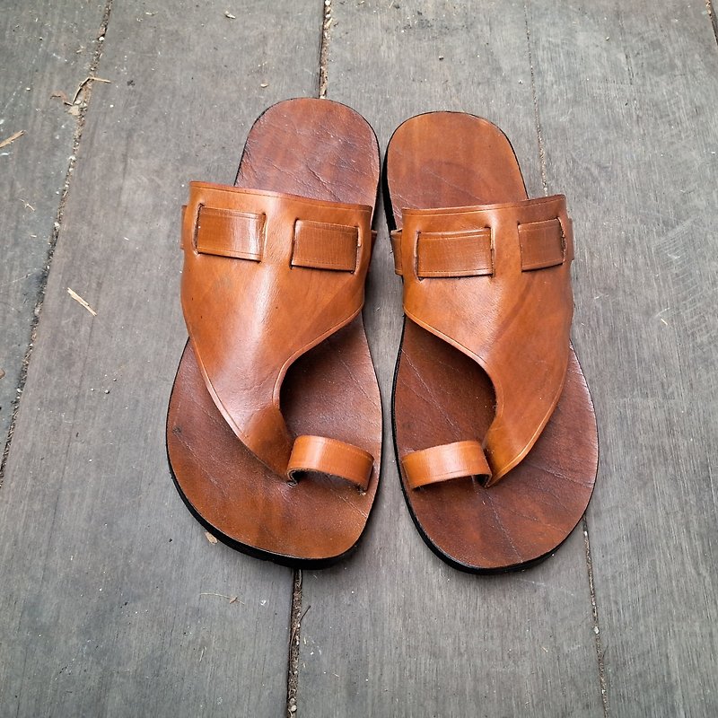 Toe ring sandals, Tan sandals, handmade leather sandals, Birthday gift - 拖鞋 - 真皮 咖啡色