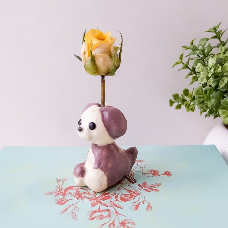 My dog ​​Maru and the never-fading flowers (real flower lover) - Pottery & Ceramics - Clay Yellow