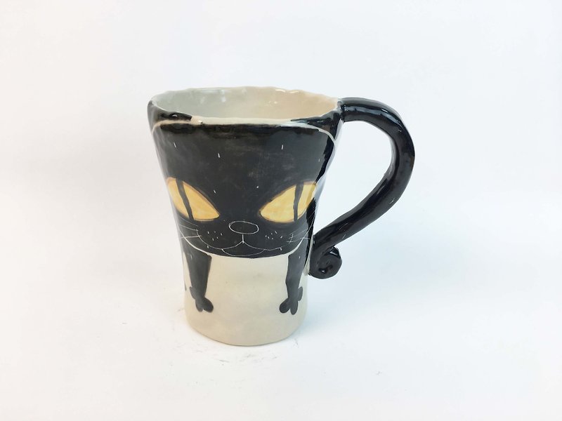 Nice Little Clay handmade bell cup_ big black cat 0101-24 - Mugs - Pottery White