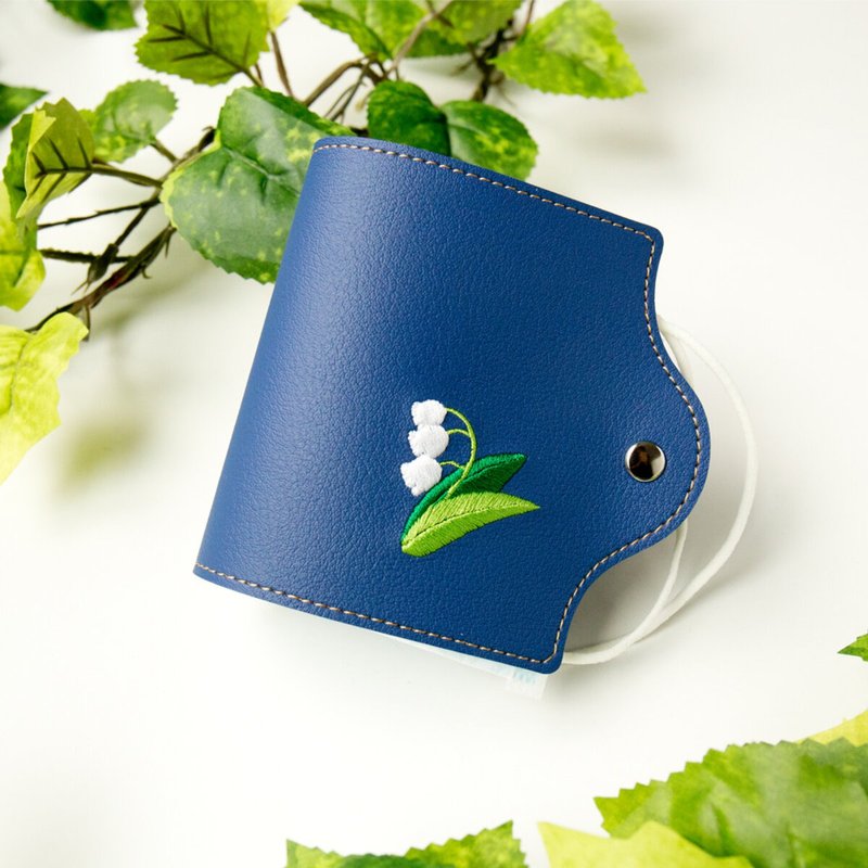 [Sold out] Mask case [Domestic PU leather embroidered Lily of the Valley] Navy Flower lover Portable Mother's Day A076I - Face Masks - Genuine Leather Blue