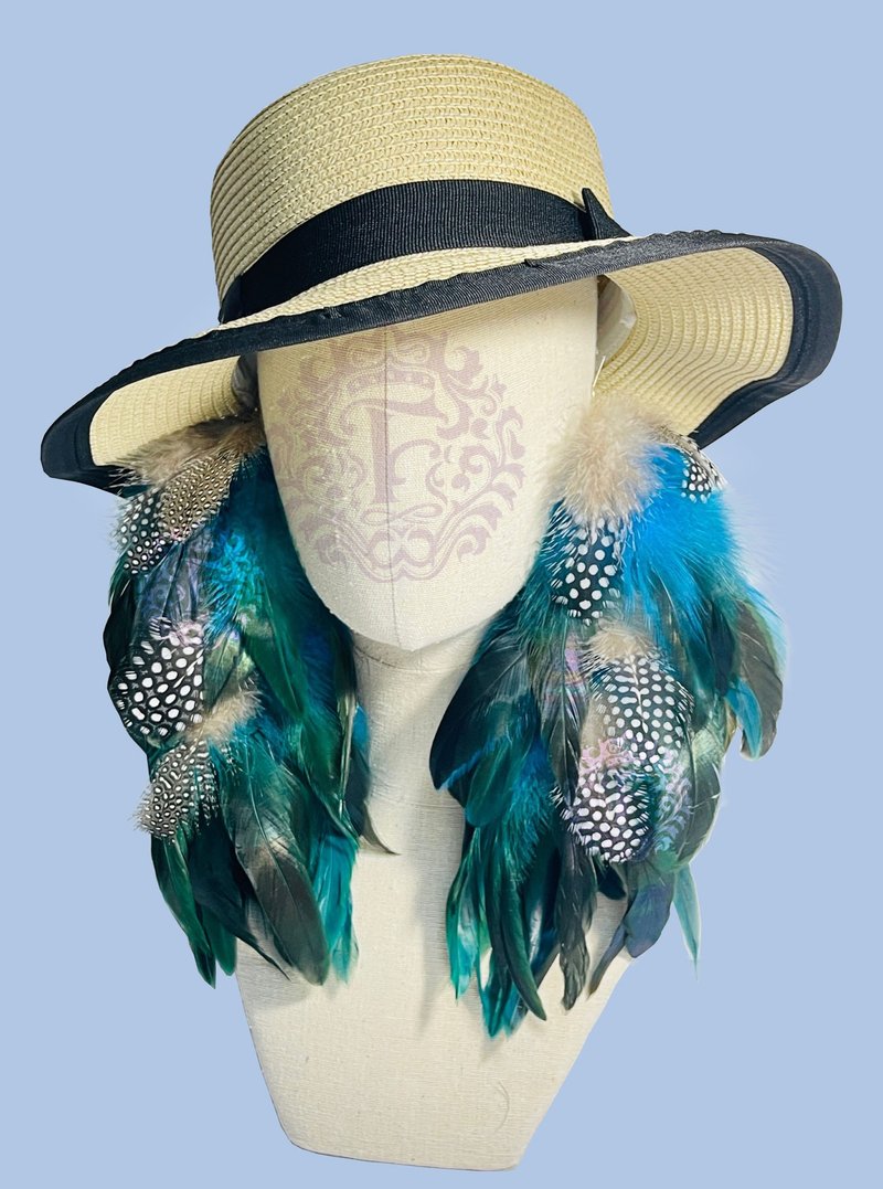 Boho Feather Earrings Blue Feather Earrings Gray Polka Dot - ต่างหู - ขนของสัตว์ปีก สีน้ำเงิน