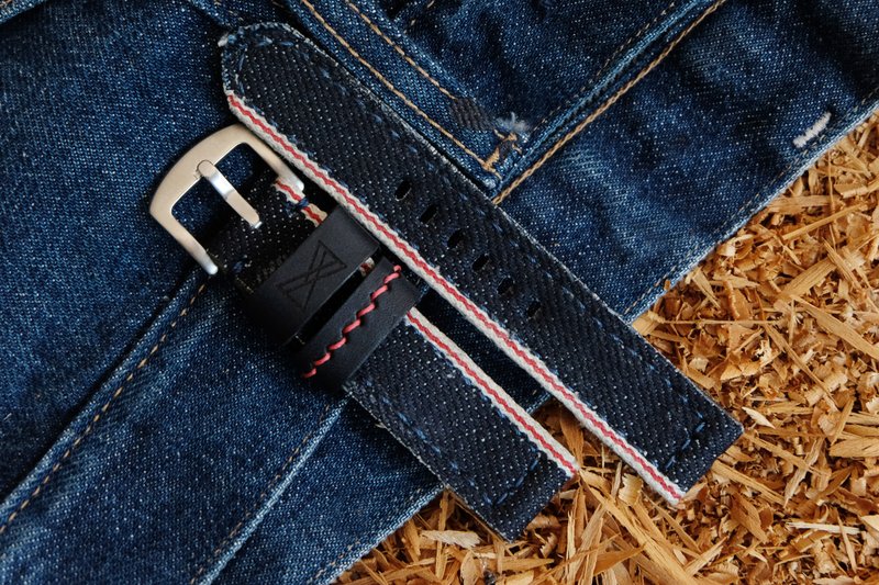 Denim red selvage watch strap, red line, denim fabric outside watch strap - 錶帶 - 真皮 