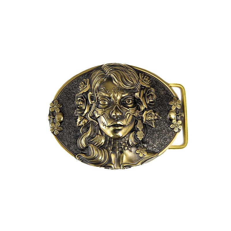 Sugar Skull, brass belt buckle, Santa Muerte mexican art skull buckle with belt - 腰帶/皮帶 - 其他材質 金色