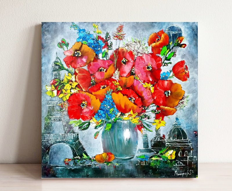 Poppy Painting Flower Original Art Floral Wall Art Pink Peonies In Vase 24x24 in - 壁貼/牆壁裝飾 - 其他材質 紅色