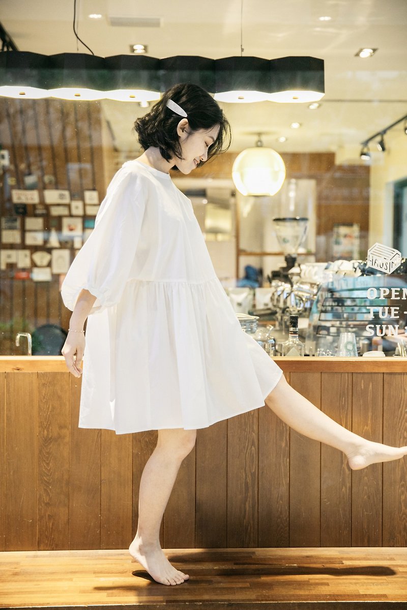 Dear, Dear white puff sleeve short dress - One Piece Dresses - Cotton & Hemp White