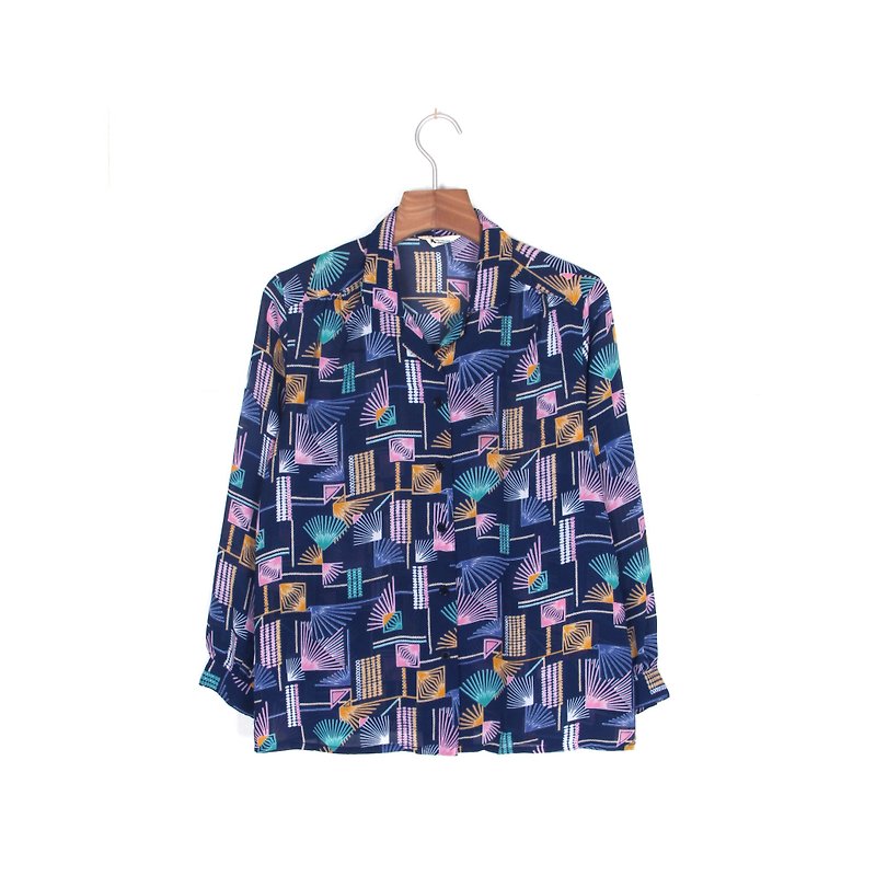 Egg plant vintage] Colorful fan halo print vintage shirt - Women's Shirts - Polyester Blue