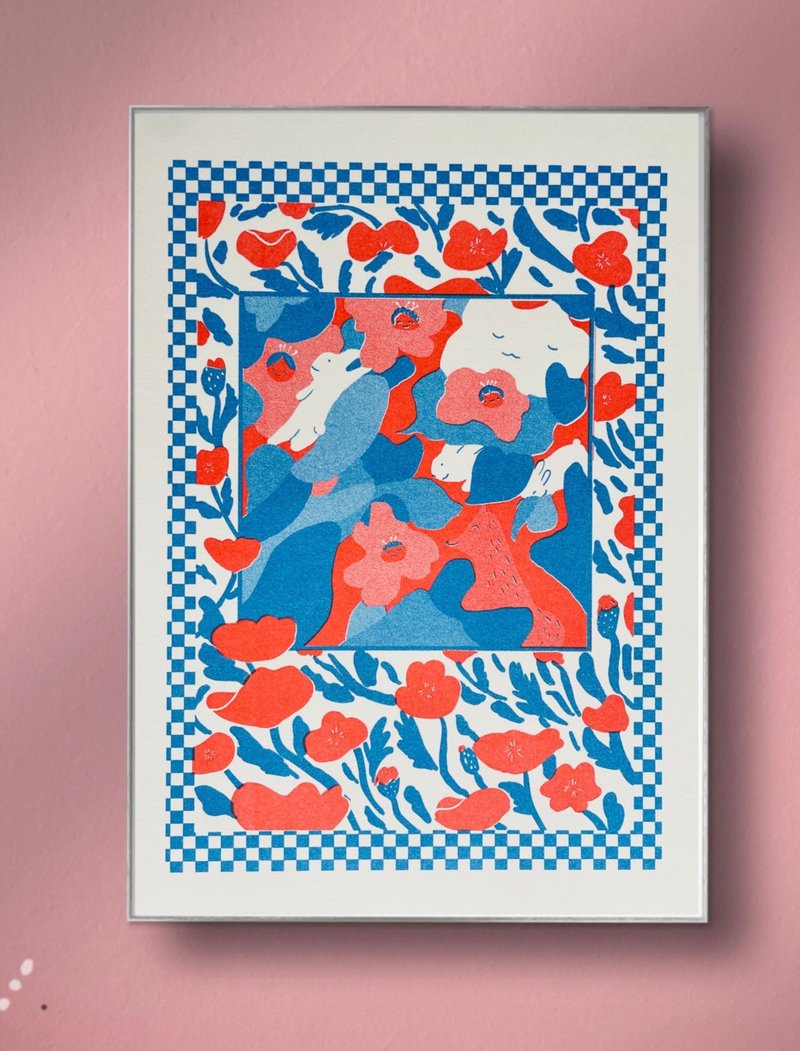 A4 Risograph Print. Siesta Amid Spring Blossoms. Blue and Red Riso Print - ตกแต่งผนัง - กระดาษ สีน้ำเงิน