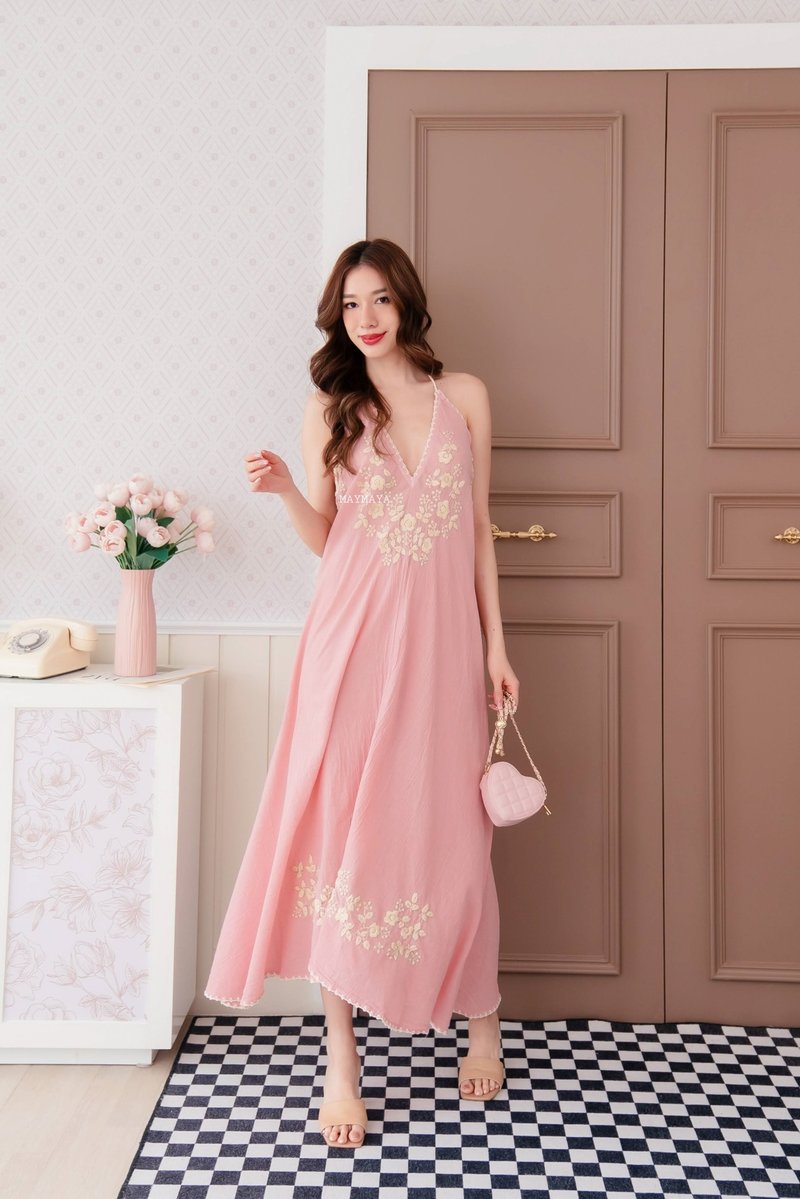 Boho Handmade Cotton Embroidered Halter Backless Summer Maxi Dress - 洋裝/連身裙 - 棉．麻 粉紅色