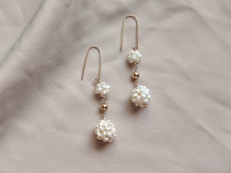 SV925/14KGF Hydrangea Pearl Floral Ball Long Drop Earrings, June Birthstone - Earrings & Clip-ons - Pearl White