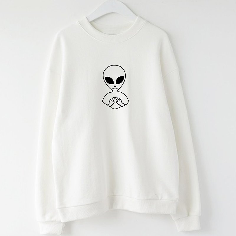 Alien Smile Finger unisex white sweatshirt - เสื้อผู้หญิง - ผ้าฝ้าย/ผ้าลินิน ขาว
