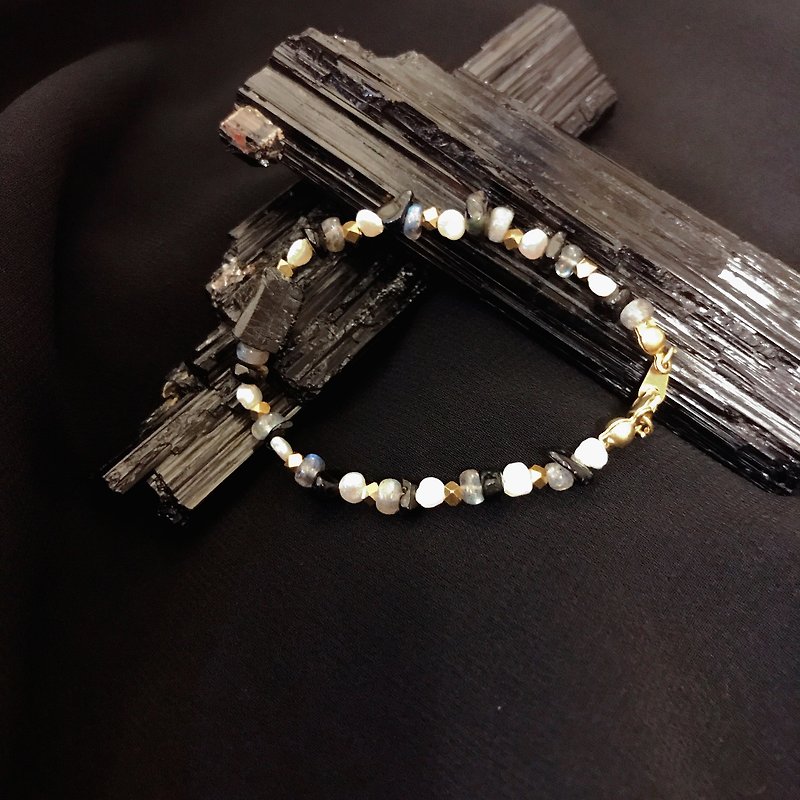 Purity_ Black Tourmaline with Labradorite and Pearl Brass Bracelet - Bracelets - Gemstone 